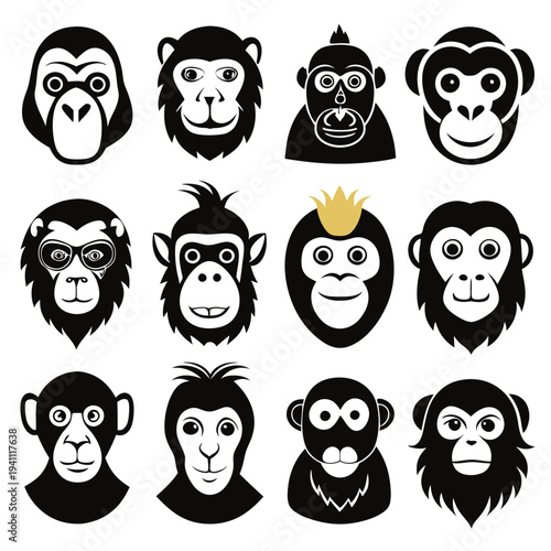 Twelve stylized monkey heads in black and white design