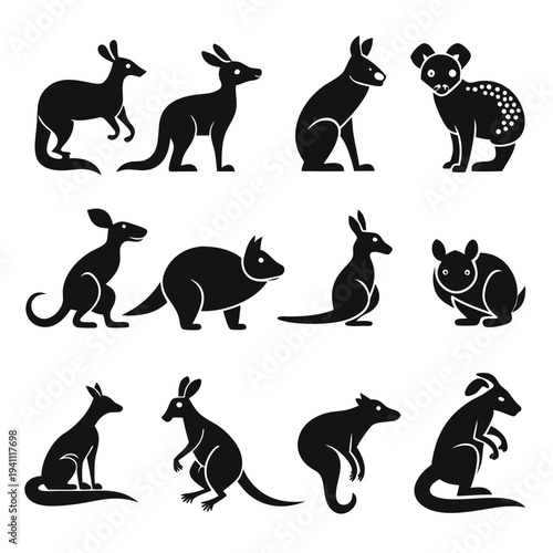 Diverse kangaroo and marsupial silhouettes in a vector design