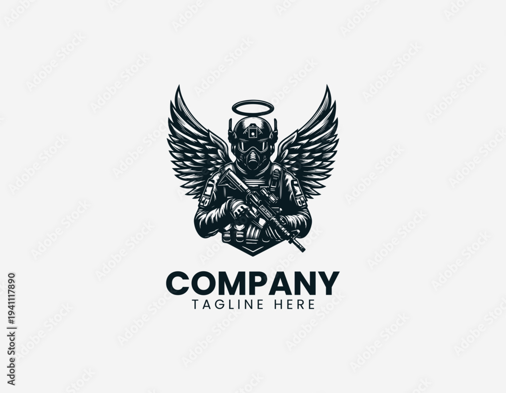 Fototapeta premium Guardian angel behind modern soldier black vector logo illustration isolated on white background