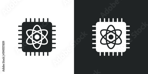 Quantum computing processor chip icon with atom symbol for science and technology hardware development. Flat style sign. Solid glyph vector illustration