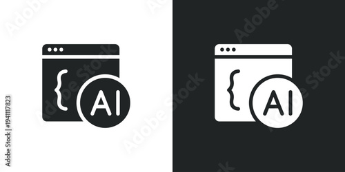 Web browser window icon with programming code bracket and artificial intelligence symbol for software development. Flat style sign. Solid glyph vector illustration