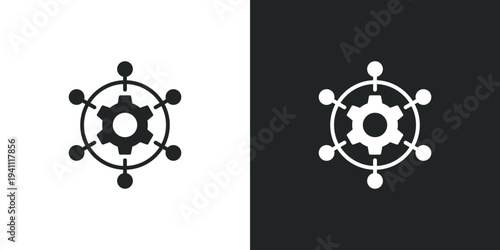 Gear icon inside a circle with connected nodes. System integration and automated network management. Filled single symbol. Flat style sign. Solid glyph vector illustration