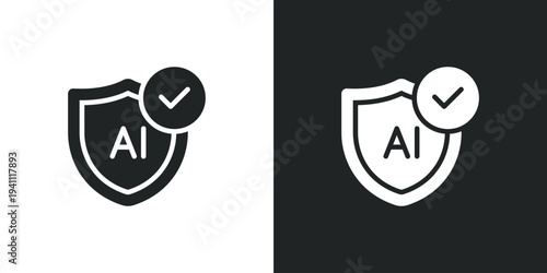 Artificial intelligence security shield icon with checkmark for verified safety and trusted technology protection system. Filled single symbol. Flat style sign. Solid glyph vector illustration