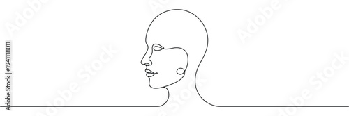 Continuous one line drawing of human face profile representing mental health and psychological identity concept. Editable stroke outline. Single contour art. Doodle hand drawn vector illustration