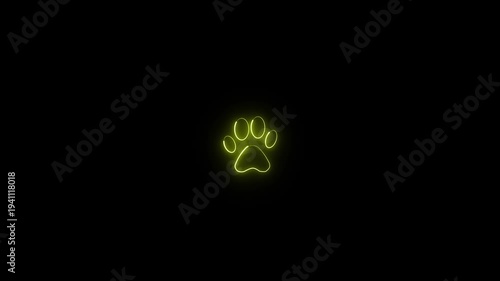 glowing neon Dog paw and nail icon animal symbol. A neon light effect animation of a pet paw print icon on black background.