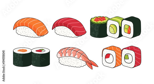 Assorted Sushi and Rolls Collection: Salmon, Tuna, Shrimp, Cucumber, Avocado
