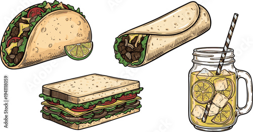 Colorful Fast Food Illustration Set of Mexican and American Cuisine