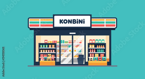 Convenience Store Facade with "KONBINI" Sign - Flat Design