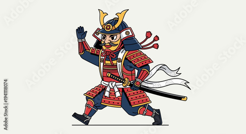 Cute Samurai Warrior Character Running with Sword and Armor