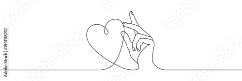 Minimalist continuous one line drawing  of a human hand touching a heart symbol for love care. Editable stroke outline. Single contour art. Doodle hand drawn vector illustration