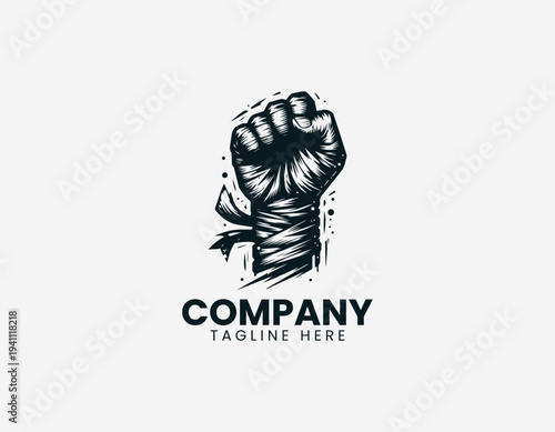Clenched fist wrapped in bandages black vector logo illustration isolated on white background