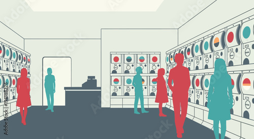 People in a modern laundromat with colorful washing machines, retro style