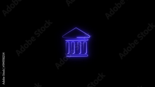 Neon glowing bank building icon animation on black background. glowing neon bank icon animation.