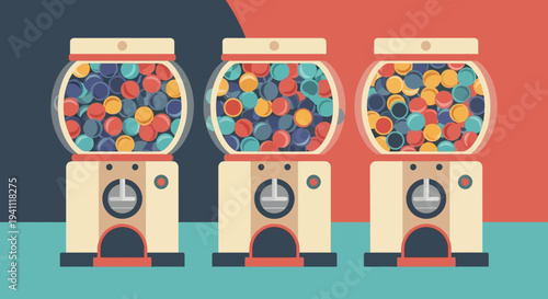 Three colorful gumball machines filled with assorted candies against a retro background.