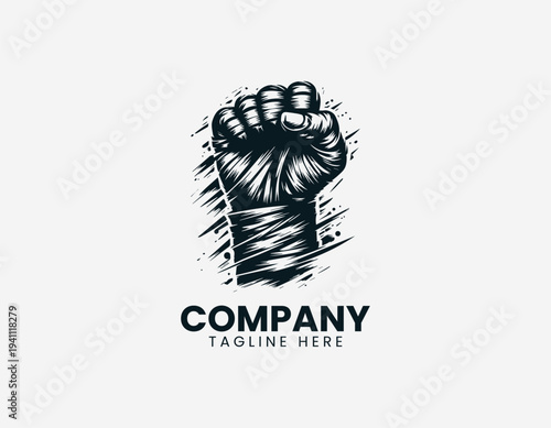 Clenched fist wrapped in bandages black vector logo illustration isolated on white background