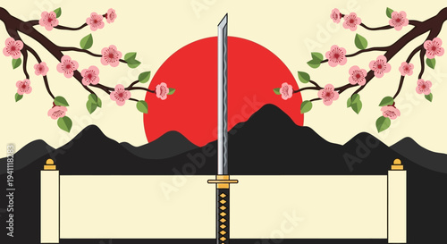 Samurai Sword and Cherry Blossoms with Rising Sun - Japanese Culture