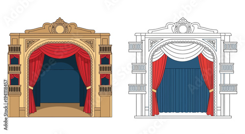 Two ornate theater stage frames one colored and one monochrome