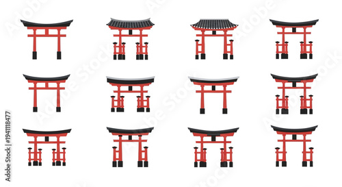 Collection of Red Torii Gates, Traditional Japanese Shinto Shrine Entrances