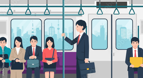 Commuters traveling by train, people in business attire on public transport