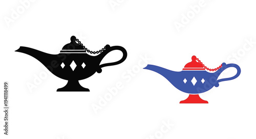Two depictions of a magic lamp one black and one colored