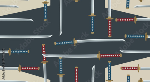 Seamless Pattern of Japanese Samurai Swords on Dark Background