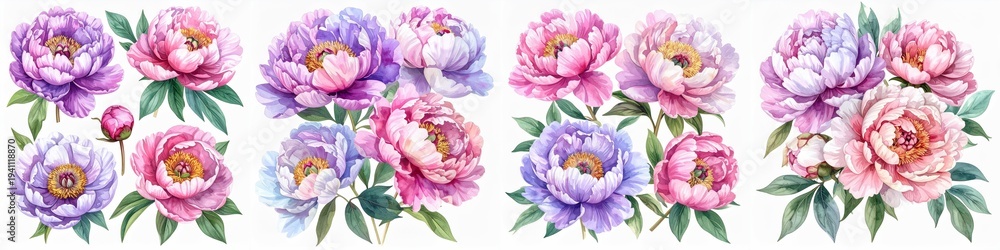 Obraz premium Watercolor pink and purple peony flowers with lush petals and fresh green leaves, romantic botanical floral illustration isolated on clean white background