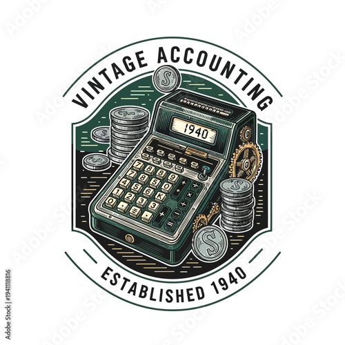 Vintage Accounting Calculator Illustration with Stack of Coins and 1940 Display