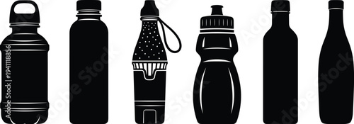 Collection of water bottle silhouettes featuring various designs including sports bottles reusable containers and plastic drink jugs for fitness hydration and health lifestyle