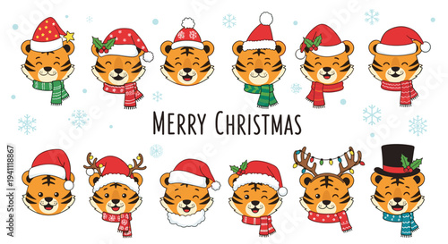 Set of twelve tiger head icons wearing different festive christmas hats and scarves to celebrate the holiday season.