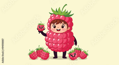 Small child wearing a detailed red raspberry costume holding a berry while standing among many large raspberries.
