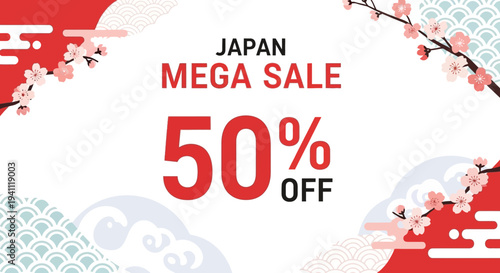 Japan Mega Sale 50% Off Discount Banner with Cherry Blossoms and Traditional Patterns