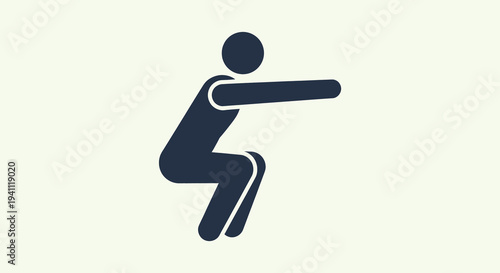 Minimalist graphic icon of a person performing a squat exercise, symbolizing fitness, strength, and a healthy lifestyle. Ideal for workout apps, gym designs, or health content.