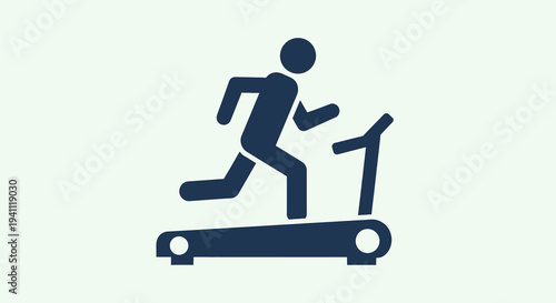 Dark blue silhouette icon of a person running on a treadmill, representing fitness, exercise, and a healthy lifestyle in a modern, simple graphic design.