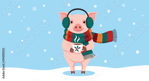 Adorable pink pig character wearing fluffy green earmuffs and a colorful knit scarf while holding a cup of cocoa.