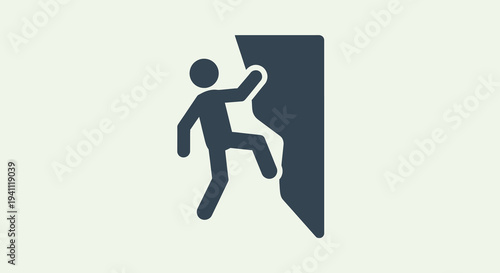 Minimalist flat design vector icon depicting a human figure actively climbing a steep vertical wall, symbolizing rock climbing, challenge, determination, and upward progress.