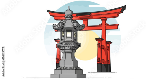 Japanese Torii Gate and Stone Lantern with Sun and Sky