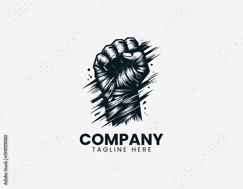 Clenched fist wrapped in bandages black vector logo illustration isolated on white background