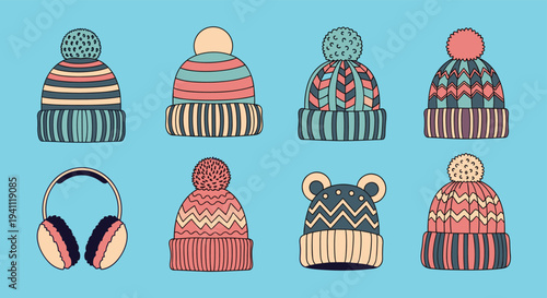 Selection of eight different colorful knit winter beanies and a pair of warm earmuffs on a solid blue background.