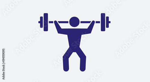Blue stick figure icon of a person lifting a heavy barbell overhead, representing strength, fitness, exercise, power, and gym workout. Ideal for health and sports concepts.
