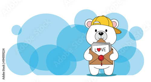 Cute polar bear character wearing a yellow cap and holding a brown paper envelope filled with letters of love.