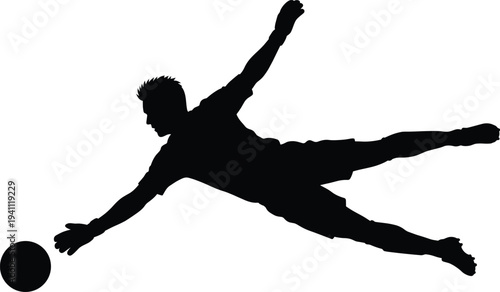 Professional soccer goalkeeper silhouette leaping to make a diving save during football match for sports competition tournament training and athletic team game