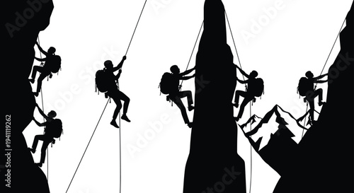 Large collection of rock climber silhouettes featuring athletes scaling cliffs rappelling and mountain climbing for extreme sports adventure outdoor recreation and fitness graphics