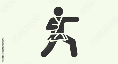 Minimalist black stick figure icon in a dynamic martial arts defensive stance, symbolizing karate, judo, self-defense, training, discipline, and fitness. Ideal for sports, fitness, and educational