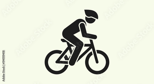 Simple black silhouette icon of a person riding a bicycle with a helmet, representing cycling, sport, fitness, and an active, healthy lifestyle.