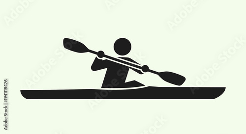 Minimalist black silhouette icon of a person in a kayak holding a paddle, symbolizing water sports, outdoor recreation, and aquatic activities.