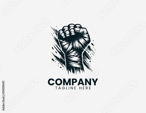 Clenched fist wrapped in bandages black vector logo illustration isolated on white background