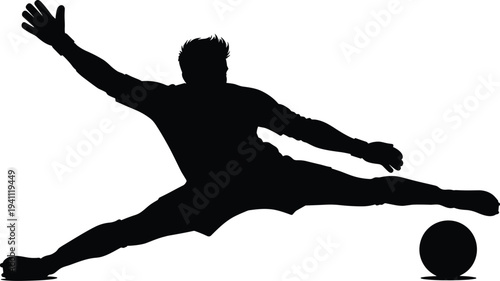 Professional soccer goalkeeper silhouette diving to save ball during football match for sports competition tournament training and athletic team game vector design
