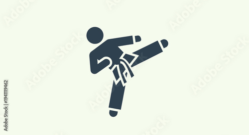 Dynamic stick figure icon depicting a powerful martial arts high kick, symbolizing self-defense, combat sports, karate, taekwondo, and disciplined training.