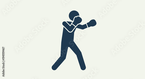 Minimalist dark blue silhouette of a boxer in a fighting stance, wearing boxing gloves. Represents sport, strength, training, and competition icon.