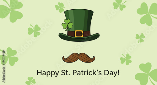 Traditional green leprechaun hat and brown mustache for st patricks day celebrations on a shamrock background.